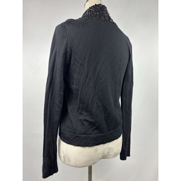 J Crew Wool Cardigan Black Medium Sequin Shawl Neck Cropped Long Sleeve - Picture 3 of 11